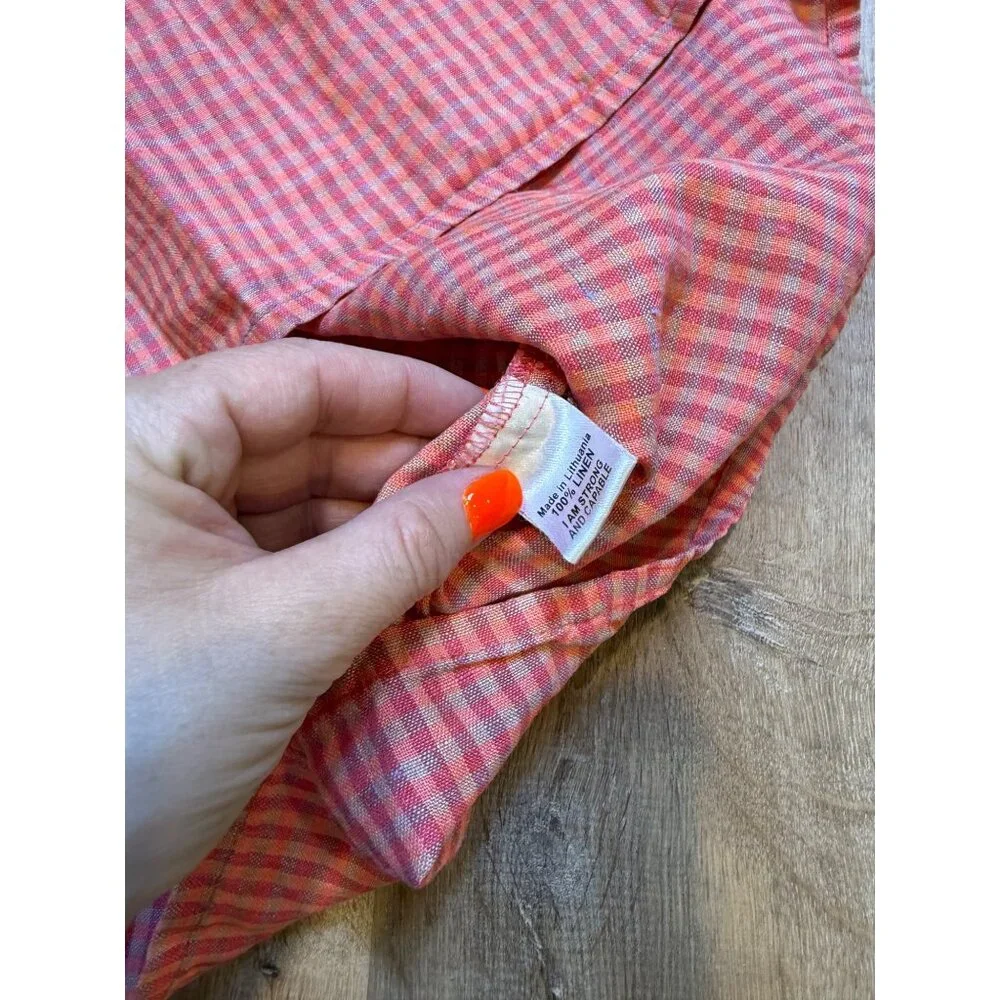 Flax Medium Pink & Orange Gingham Short Sleeve Pintuck Linen Blouse - Picture 5 of 6